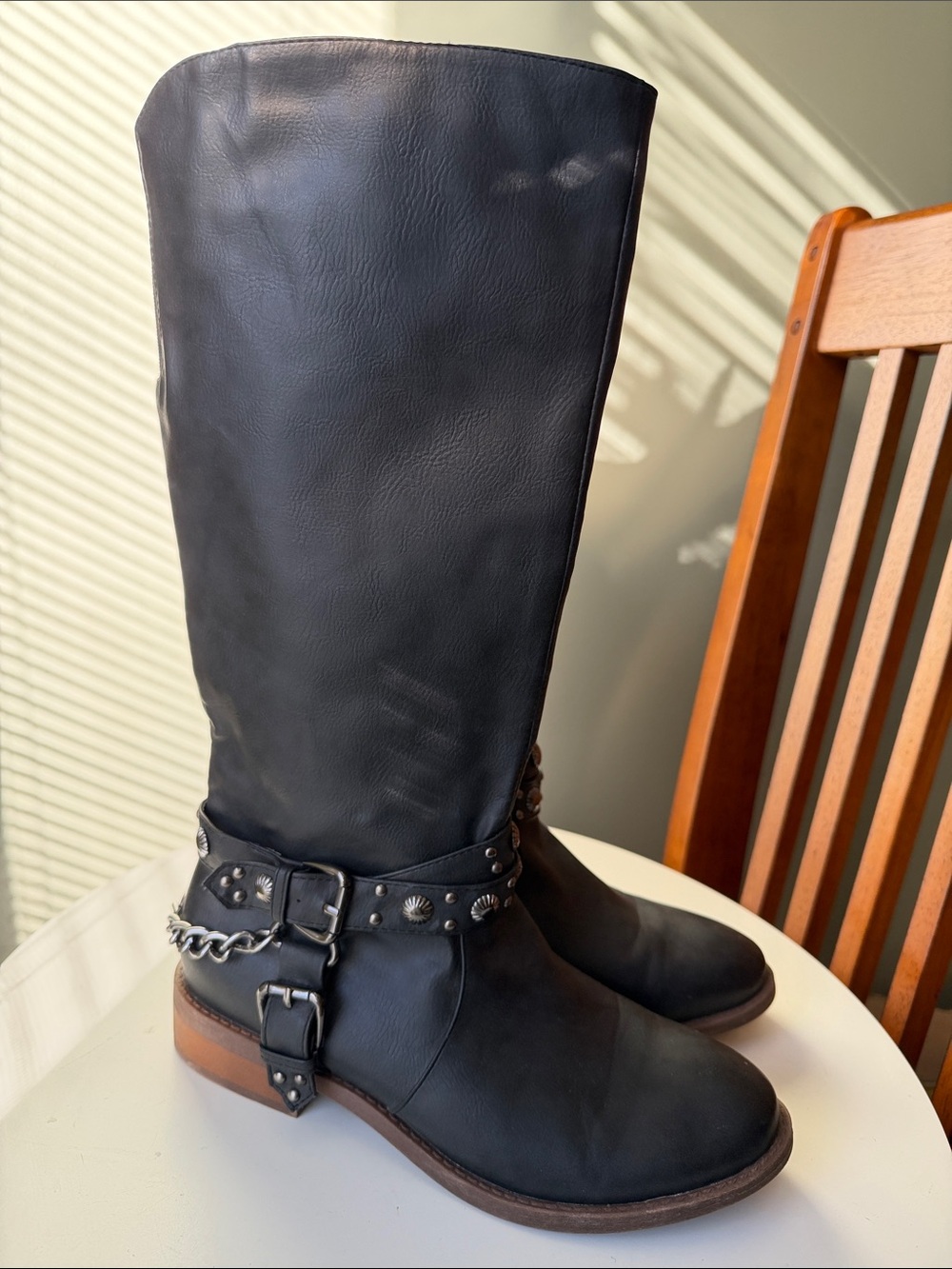 Roper Black Tall Harness Boots Studded Chain Buckle Women’s Size 8